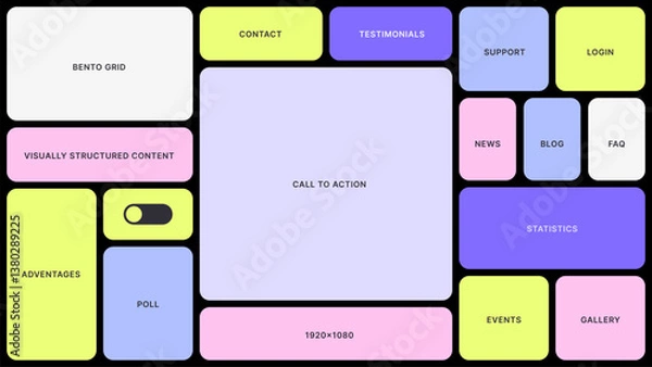 Fototapeta Modern Bento grid design web layout. Y2k trendy playful layout. Modular UX UI templates. Graphic dashboard for tech product presentation. Trending bento brick for business strategy. Web grid, tiles