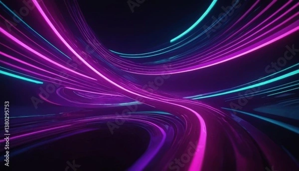 Fototapeta Abstract Neon Trails: Dynamic, flowing lines of vibrant purple and teal light paint a captivating scene against a dark backdrop, creating a sense of energy and futuristic movement.