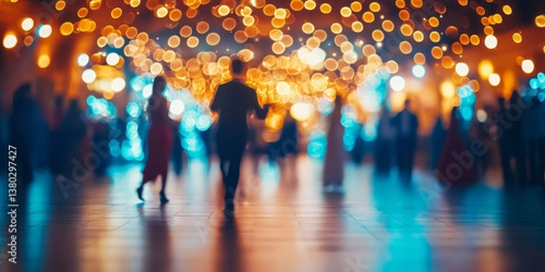 Fototapeta Blurry view of a ballroom dance floor with people and lights at the background. This captures a sense of celebration, elegance, and movement
