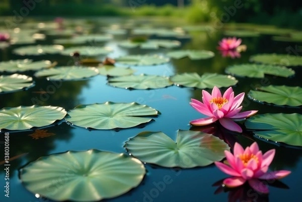Fototapeta Water lilies forming a natural floral pattern across lake, surface, calm, colorful