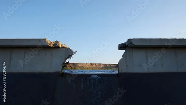 Fototapeta Destroyed bridge in a post-apocalyptic landscape with flowing water