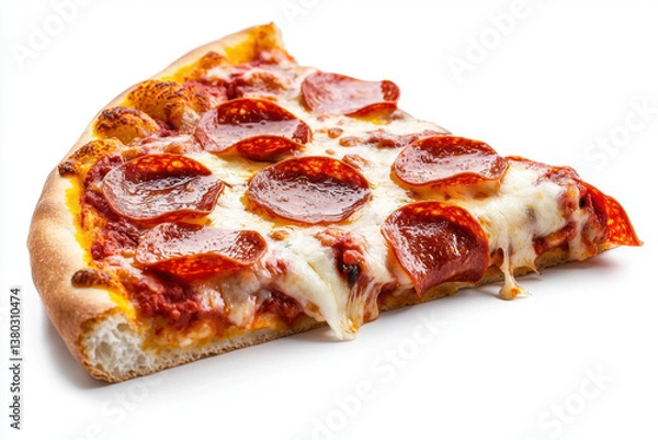 Fototapeta Isolated classic pepperoni pizza slice with gooey melted cheese on white background food photography minimalist style dynamic viewpoint culinary art