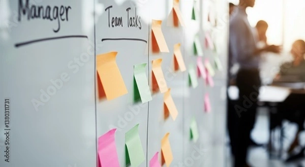 Fototapeta Team collaboration with colorful sticky notes on office whiteboard