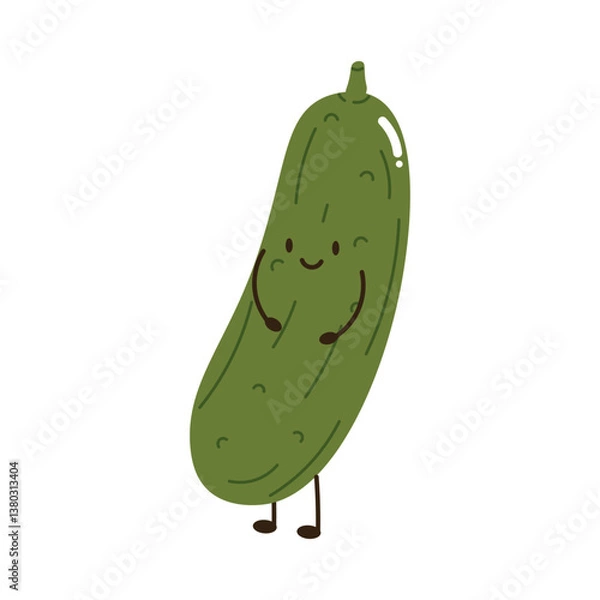 Obraz Flat style illustration of cucumber with happy face, ideal for healthy eating, cooking projects, and vegetable-inspired designs.