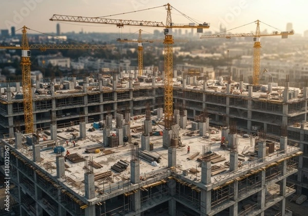 Obraz Construction technology banner background Construction site with cranes fittings and concrete