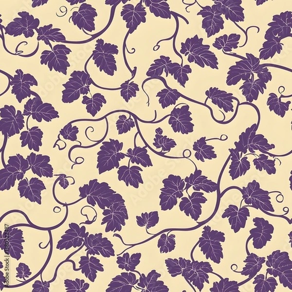 Fototapeta A seamless repeating pattern featu a stylized illustration of purple grapevines and leaves on a pale yellow background ideal for textile design, wallpaper, or packaging