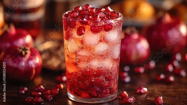 Fototapeta Refreshing Pomegranate Fizz Cocktail with Ice Cubes