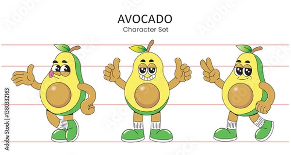 Fototapeta groovy hippie and funny cartoon avocado characters, vintage retro mascot for beverage and food packaging branding labels