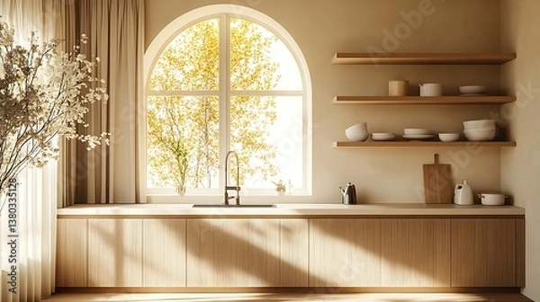 Fototapeta Minimalist kitchen nook with tall arched window, light beige cabinetry, natural linen curtains, and pale wood accents reflecting soft afternoon light. Created Using: architectural photography lens,