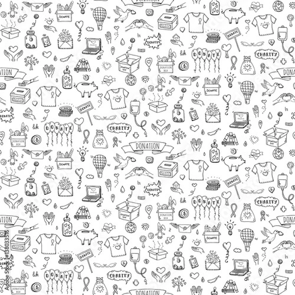 Obraz Szwu Ręcznie rysowane doodle Darowizna zestaw ikon. Ilustracji wektorowych. Kolekcja symboli charytatywnych Kreskówka przekaż elementy szkicu: oddawanie krwi, pudełko, serce, słoik na pieniądze, opieka, pomoc, prezent, ręce