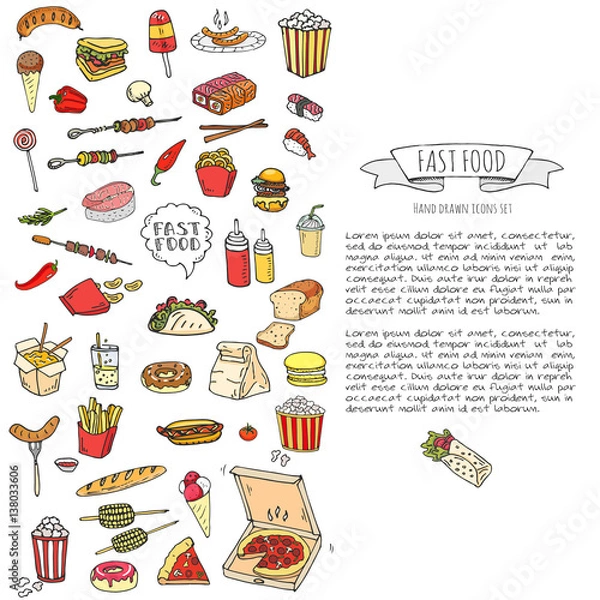 Obraz Hand drawn doodle Fast food icons set. Vector illustration. Junk food elements collection. Cartoon snack various sketch symbol: soda, burger, potato,hot dog, pizza, tacos, sweet desert, donut, popcorn