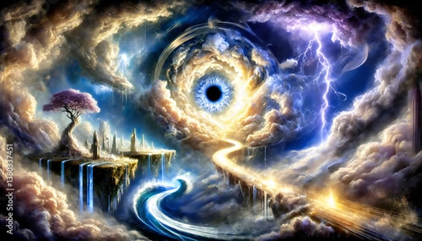 Obraz A surreal cosmic eye forms in swirling clouds above a fantastical landscape with waterfalls, lightning, and a glowing path through the sky.