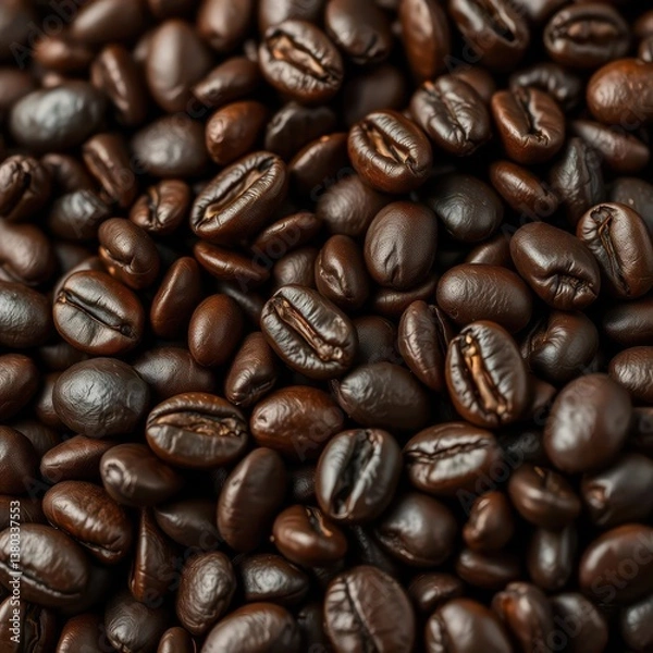 Fototapeta Dark, oily roasted coffee beans, close-up texture, surface texture, quality