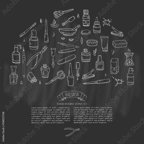 Fototapeta Hand drawn doodle Nail salon icons set. Vector illustration. Manicure accessories collection. Cartoon various sketch pedicure tools elements: polish, bottle, brush, varnish, scissors, lotion, cream