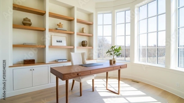 Fototapeta Bright home office with custom built-ins, wood desk, and a large window filling the space with natural light, promoting a serene workspace.