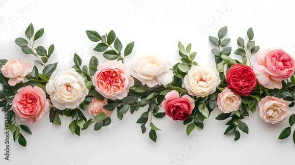 Obraz Elegant roses and peonies intertwined with subtle greenery laid out symmetrically on a white surface offering a classic and sophisticated banner aesthetic