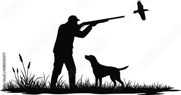 Fototapeta A silhouette hunter aiming shotgun at flying bird with retriever in grassy field with dog