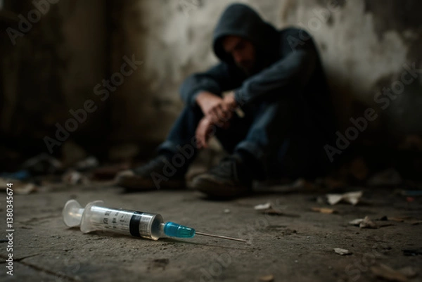 Obraz Close-up of a syringe on a table with blurred man sitting in despair behind – addiction crisis representation, substance abuse awareness, mental health campaigns.