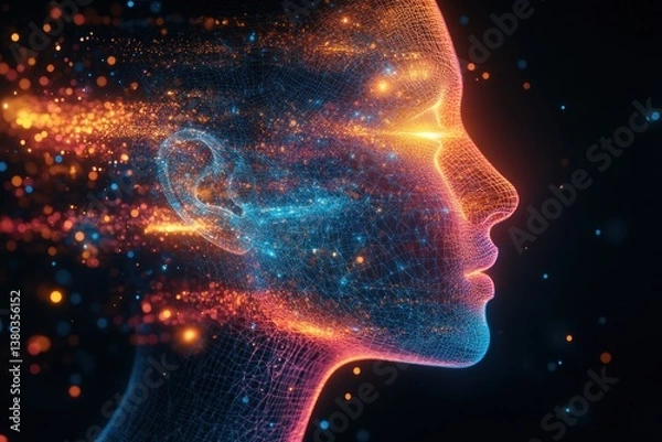 Fototapeta Futuristic Digital Head Graphic with Neon Particles and Technological Concept