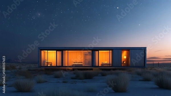 Fototapeta A desert dwelling container home at twilight, exterior lit with soft LED lights, reflecting off metallic cooling panels, desert wind gently blowing through nearby grasses,