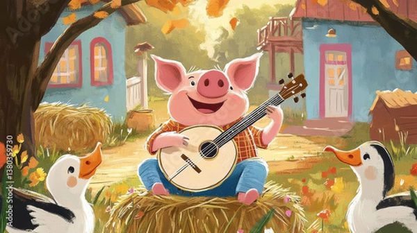 Fototapeta Whimsical farmyard pig playing banjo with ducks in autumn scene