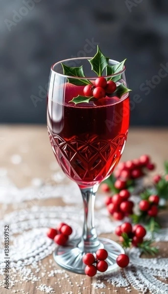 Obraz Ruby red wine in a crystal glass, adorned with festive holly sprig, wine glass, glassware, holly