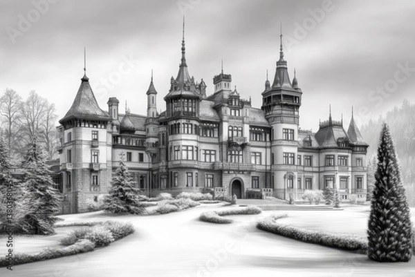 Fototapeta A minimalist architectural sketch of PeleÈ™ Castle, focusing on its elegant towers and windows