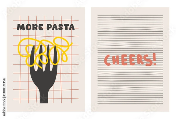 Fototapeta Set of hand drawn vintage posters in trendy style. Abstract drawings of fork with pasta and cheers lettering. Retro kitchen print design. Contemporary art vector illustrations