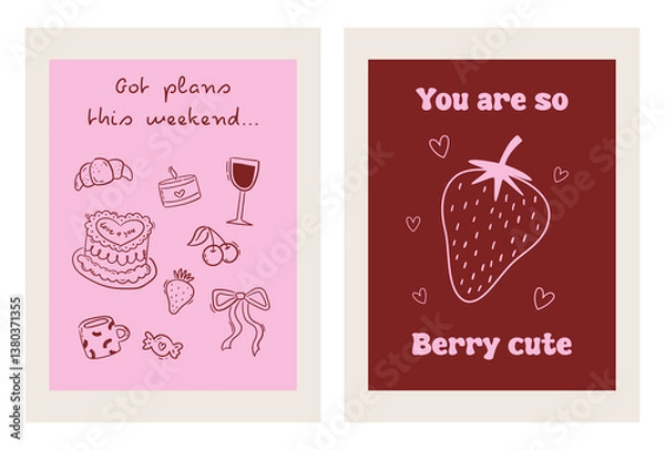 Obraz Set of hand drawn vintage posters in cute girly coquette style. Whimsical drawings of cake, berry and pastries. Dolce vita concept. Contemporary art vector illustrations