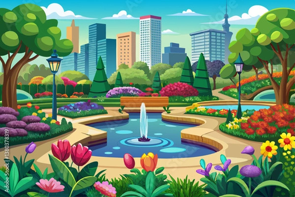 Fototapeta 
vector of Urban park in full bloom with colorful flower beds and a tranquil pond
