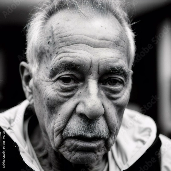 Fototapeta High-contrast black-and-white portrait of an elderly man with a somber expression