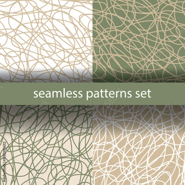 Fototapeta Seamless abstract patterns set, intertwining lines, green and beige  background. Dynamic, chaotic design, modern, energetic scratches, artistic scribbles, free hand, continued lines ink drawing style.