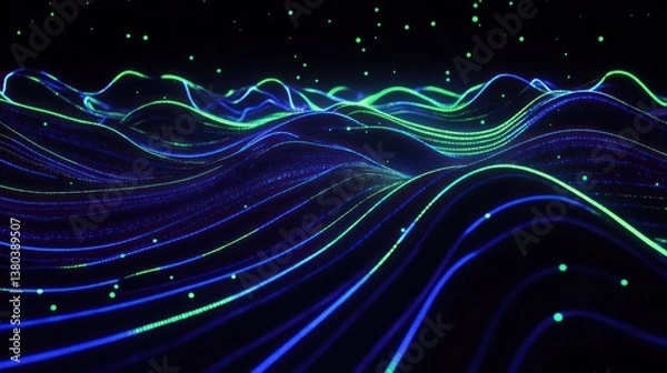 Fototapeta A black background with electric blue and neon green flowing lines and curves, creating an abstract digital landscape of vibrant light particles and glowing waves