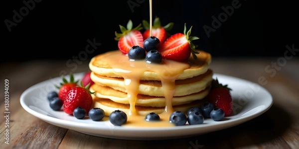 Obraz A still life composition featuring sweat syrop over a stack of golden brown pancakes adorned with fresh strawberries and blueberries , arranged artfully on a crisp white ceramic plate against dark bac