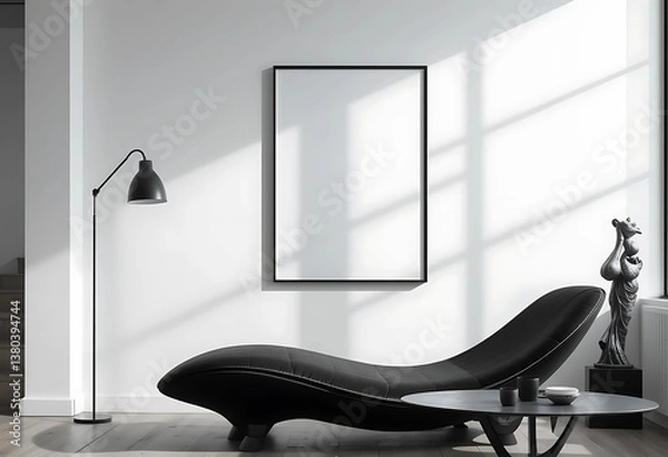 Fototapeta Minimalist Black & White Loft: A crisp white wall with soft shadow play hosts an ISO A-sized poster mockup in a thin monochrome frame. Positioned above a sculptural black chaise lounge.