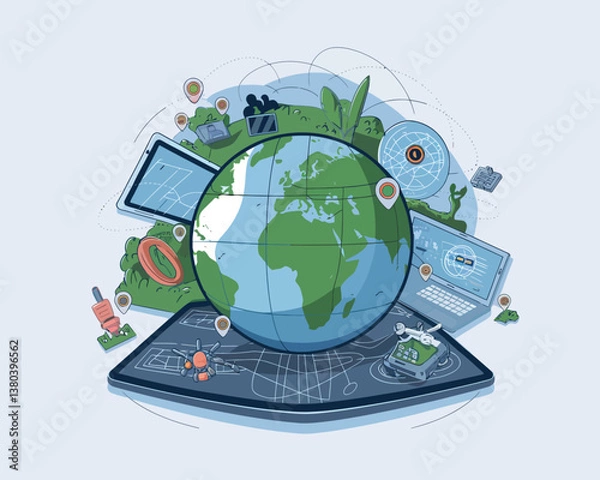 Fototapeta vector illustrative poster that celebrates global communication technology . Showcase a world travel by advanced communication systems.
