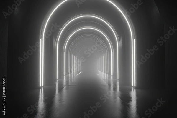 Fototapeta Abstract White Illuminated Tunnel Perspective with Arches on Dark Backdrop Modern Geometric Illuminated Hallway Leading into Infinity Represents Architectural Path