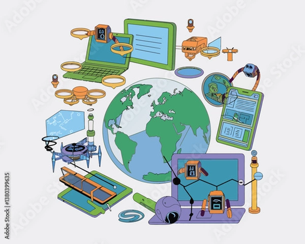 Fototapeta vector illustrative poster that celebrates global communication technology . Showcase a world travel by advanced communication systems.
