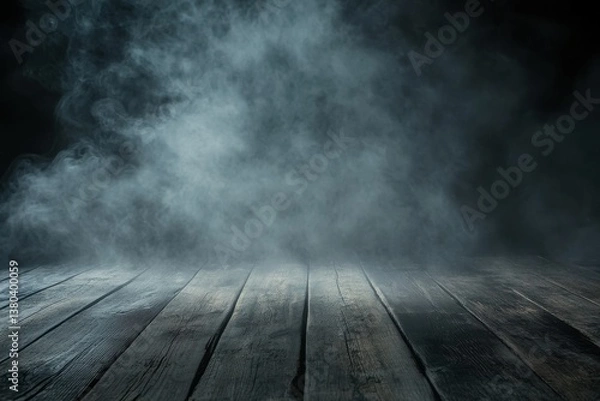 Fototapeta Atmospheric Smoke and Fog Over Dark Wooden Planks Creating a Mysterious Background with Grayscale Texture and Abstract Stage Effect