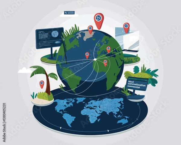 Fototapeta vector illustrative poster that celebrates global communication technology . Showcase a world travel by advanced communication systems.
