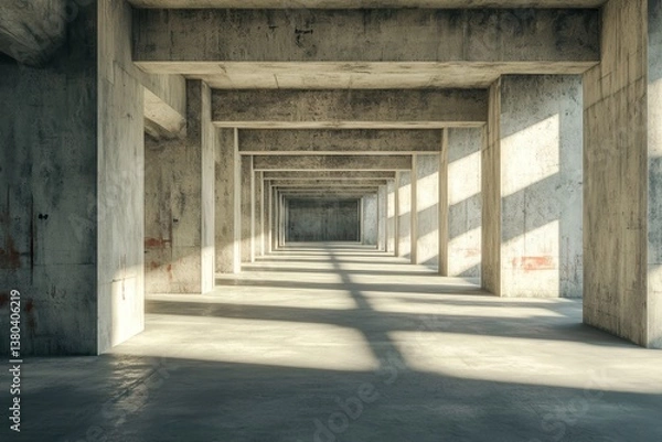 Fototapeta Empty Concrete Hallway with Columns Long Perspective and Shadows Creates an Industrial Modern Minimalist Architecture