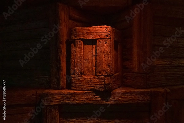 Fototapeta Weathered boxes in shadowy underground storage. Handmade crate constructed from distressed wood sits in dim light. Gentle warm glow reveals rough surface details. Collection of primitive boxes. 