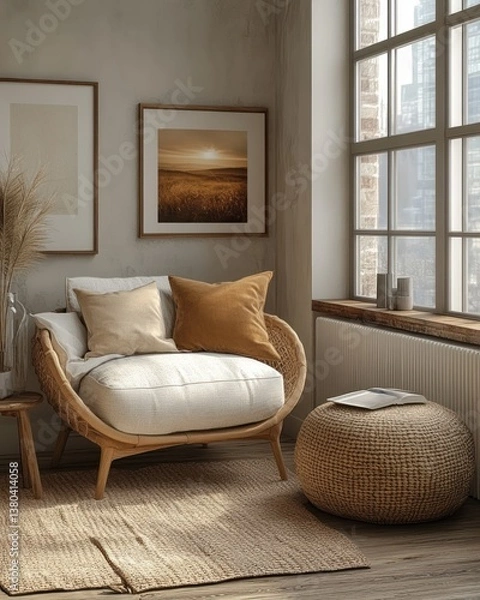 Fototapeta mock up poster frame in modern living room interior Scandinavian style 3D render minimalistic design