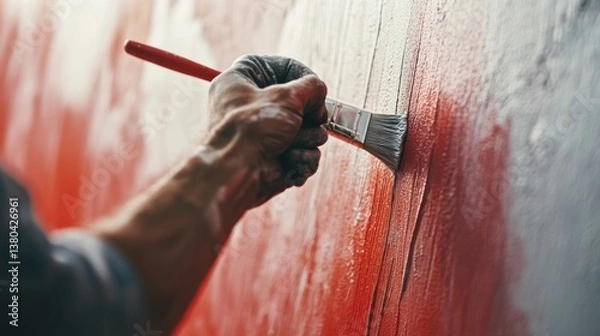 Fototapeta A construction worker applying a coat of paint to a wall. Featuring care and skill