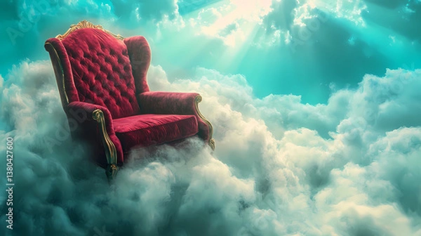 Fototapeta Luxurious red velvet armchair floating on white clouds in a dreamlike sky