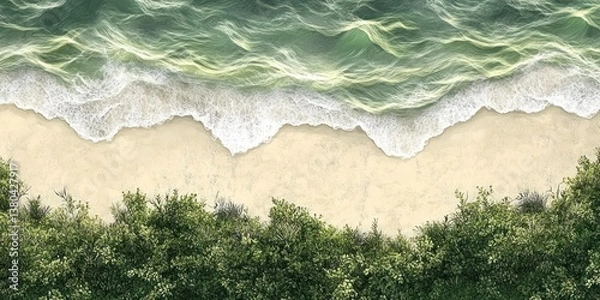 Fototapeta Aerial View of Waves Crashing on Sandy Beach with Green Vegetation