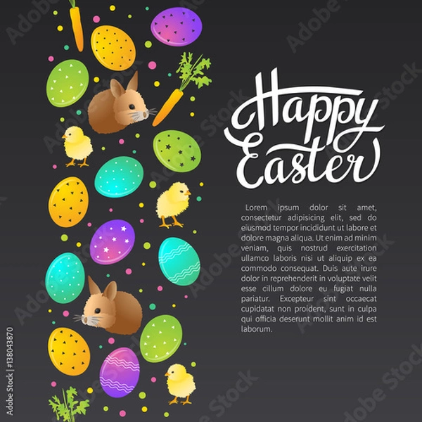Obraz Easter greeting card. Basket with colorful eggs and bunny. Vector illustration