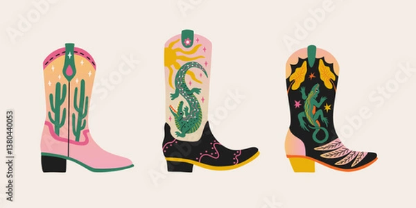 Fototapeta Various quirky cowboy boots. Country shoe with cactus, crocodile and lizard. Wild west theme. Cartoon vector set isolated on background.