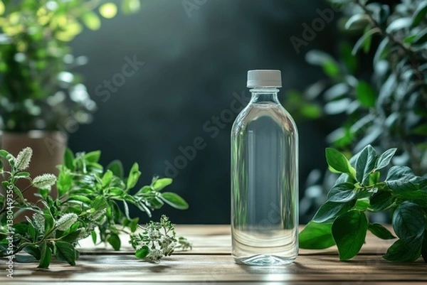 Fototapeta Bottled Essence of Nature: A clear, elegant bottle containing a pure liquid rests amidst a vibrant collection of fresh green plants, creating a refreshing and natural composition.
