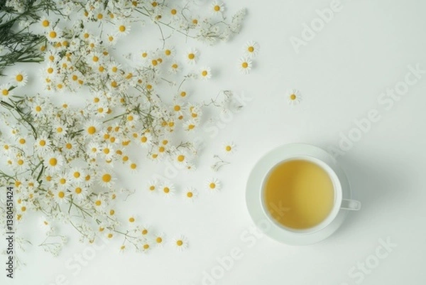 Obraz Drinking Chamomile Tea Next to Fresh Flowers on a White Background